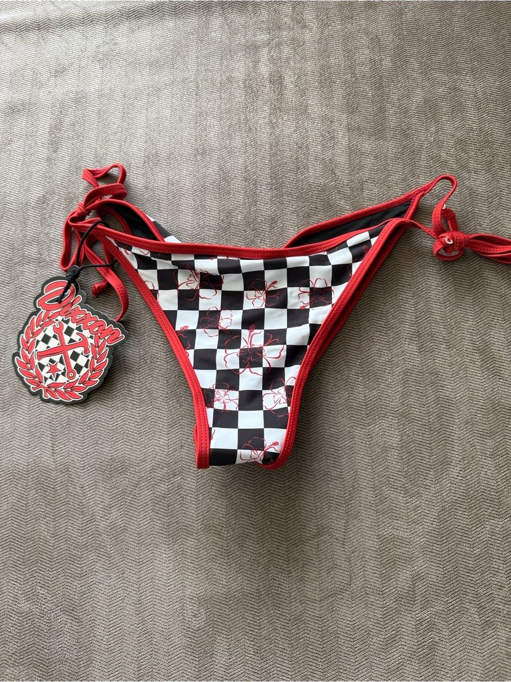 DIXXON Black and White Checkerboard Bikini Bottom with Burnt Red/Trim - NWT!!